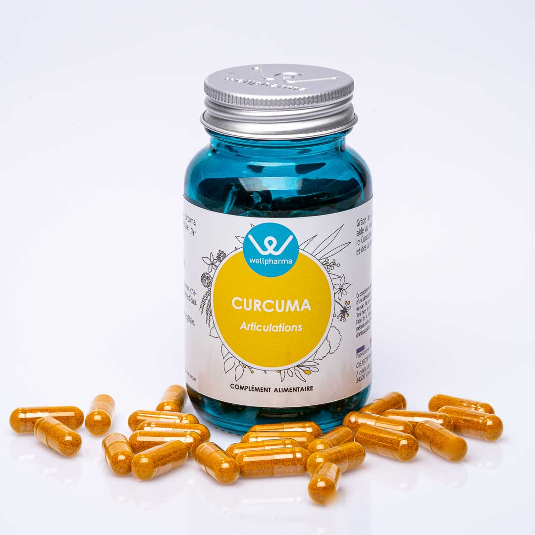 Flacon de complément alimentaire wellpharma de curcuma avec ses gélules