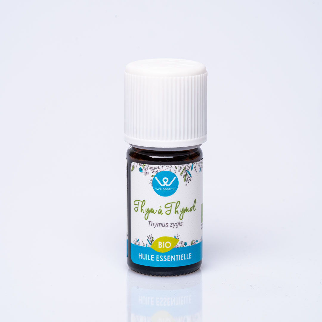 Flacon d'huile essentielle wellpharma thym à thymol bio